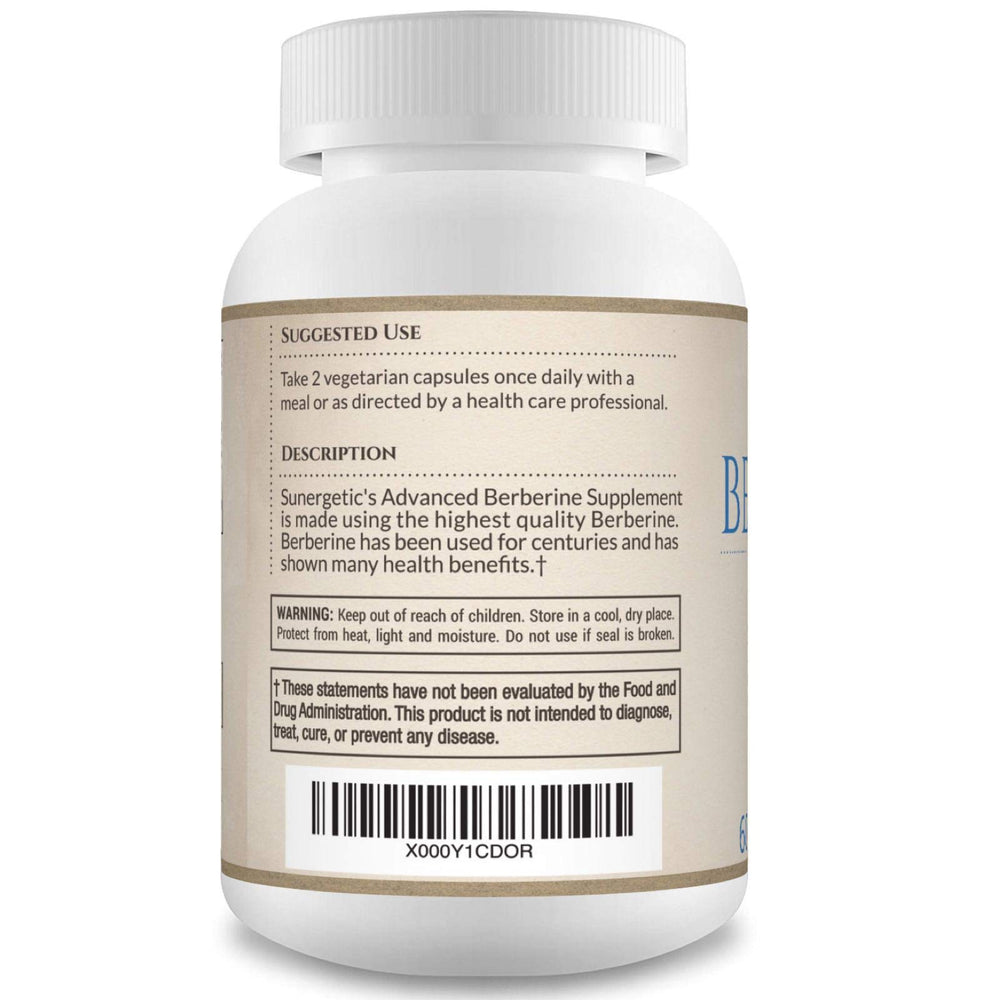Berberine HCl formula label close-up highlighting non-GMO quality from Sunergetic