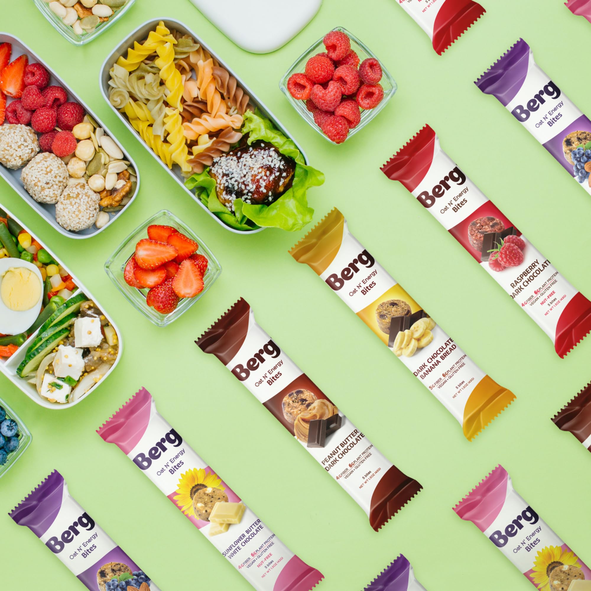 Berg Bites 8-pack front view, ready for on-the-go snacks.