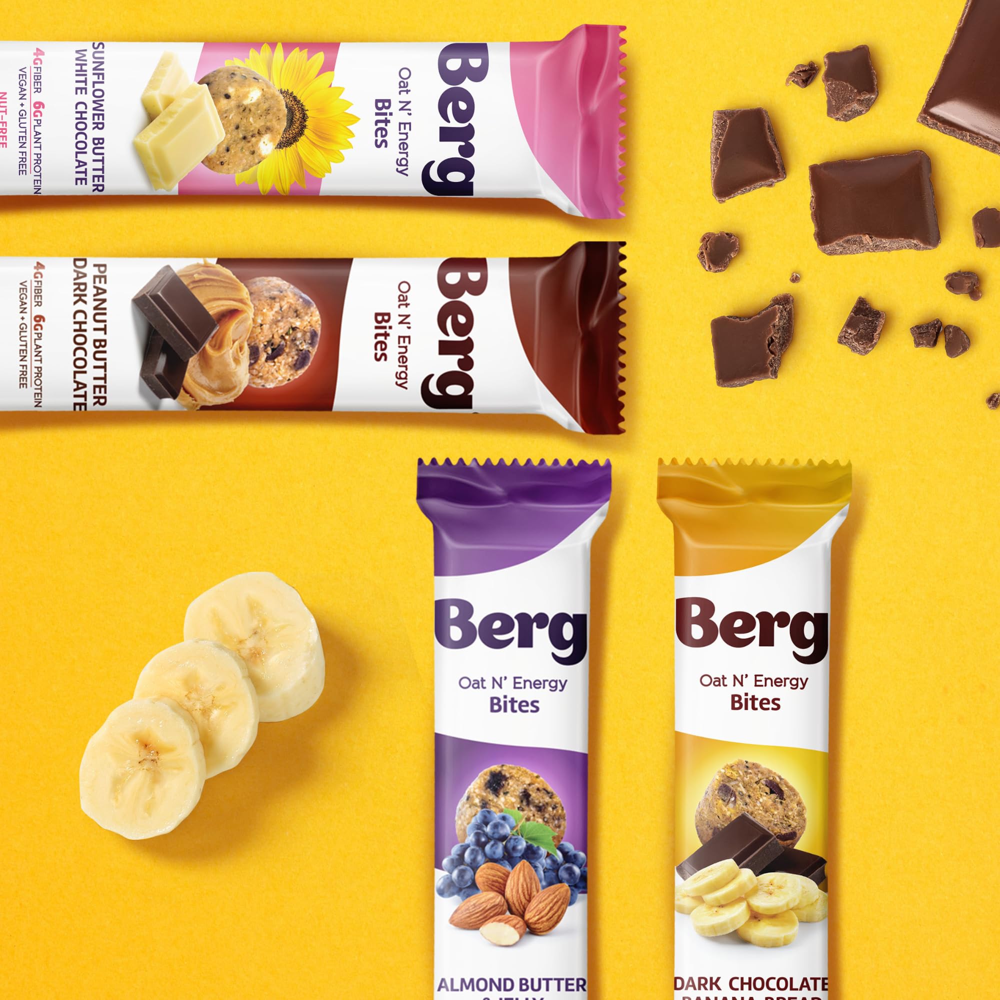 Berg Bites vegan glutenfree pack highlights clean plant-based snacking.