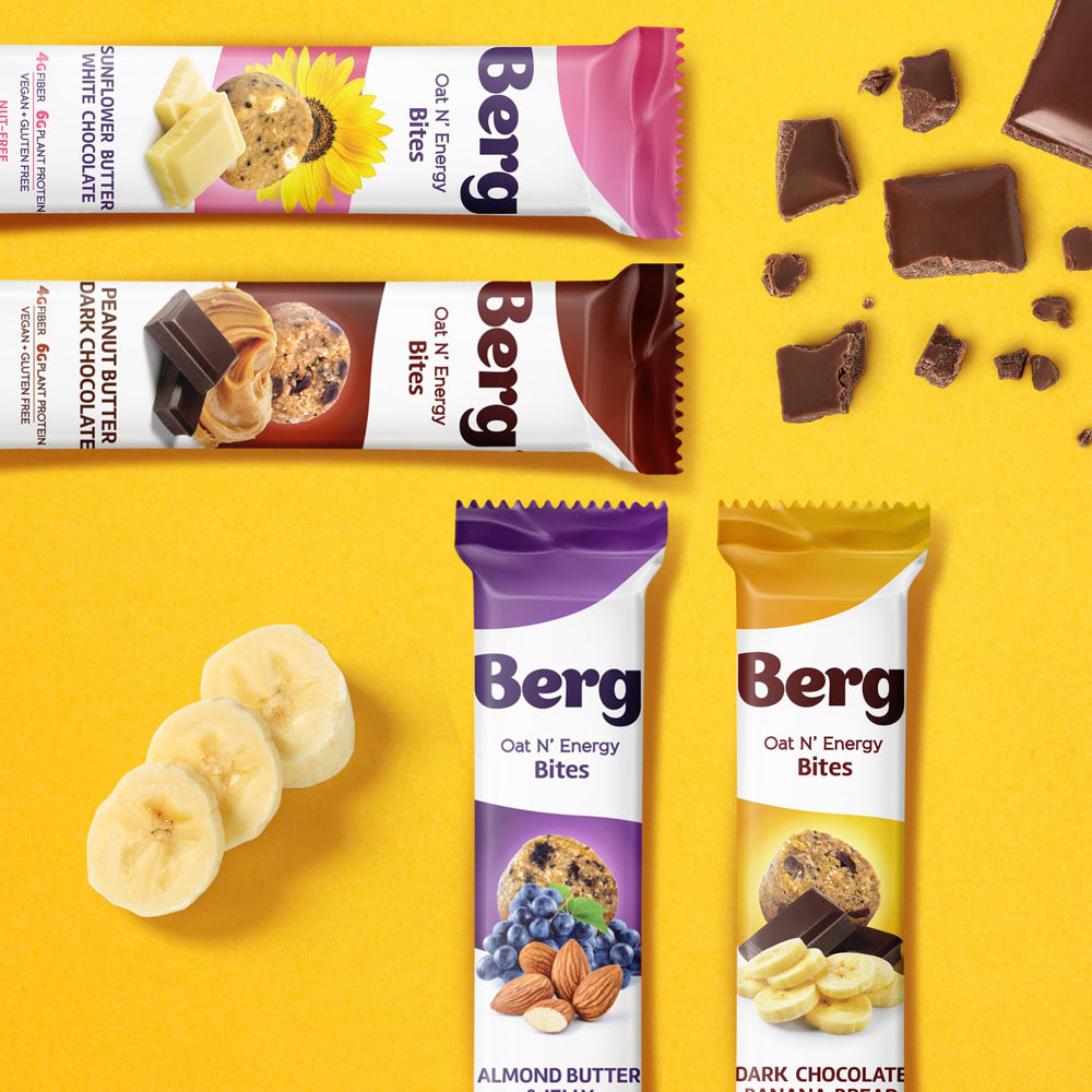 Berg Bites vegan glutenfree pack highlights clean plant-based snacking.