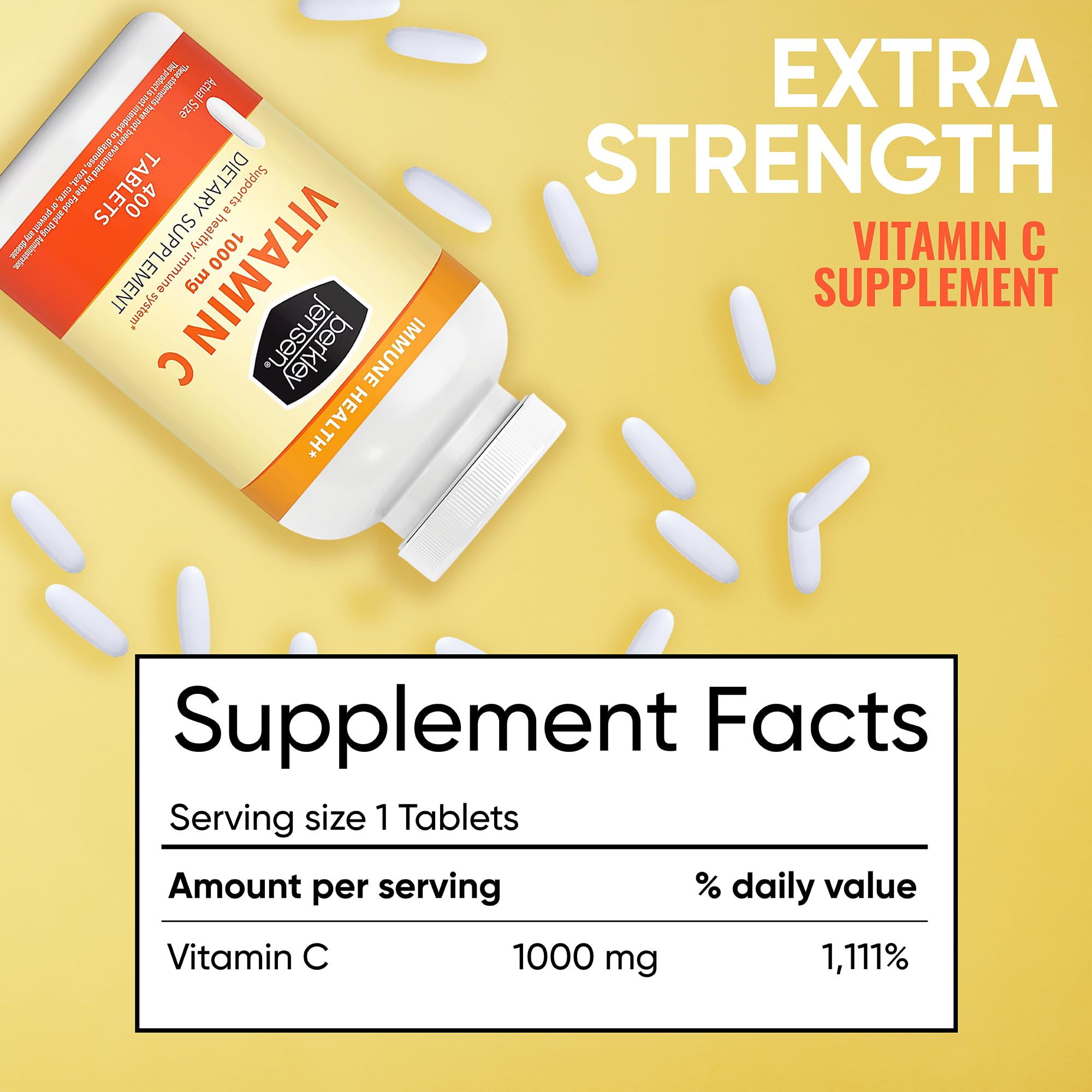 Berkley Jensen Vitamin C 400-tablet bottle in hand suggests long-lasting daily value