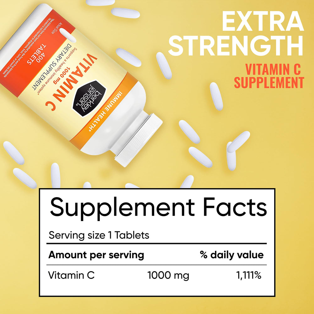 Berkley Jensen Vitamin C 400-tablet bottle in hand suggests long-lasting daily value