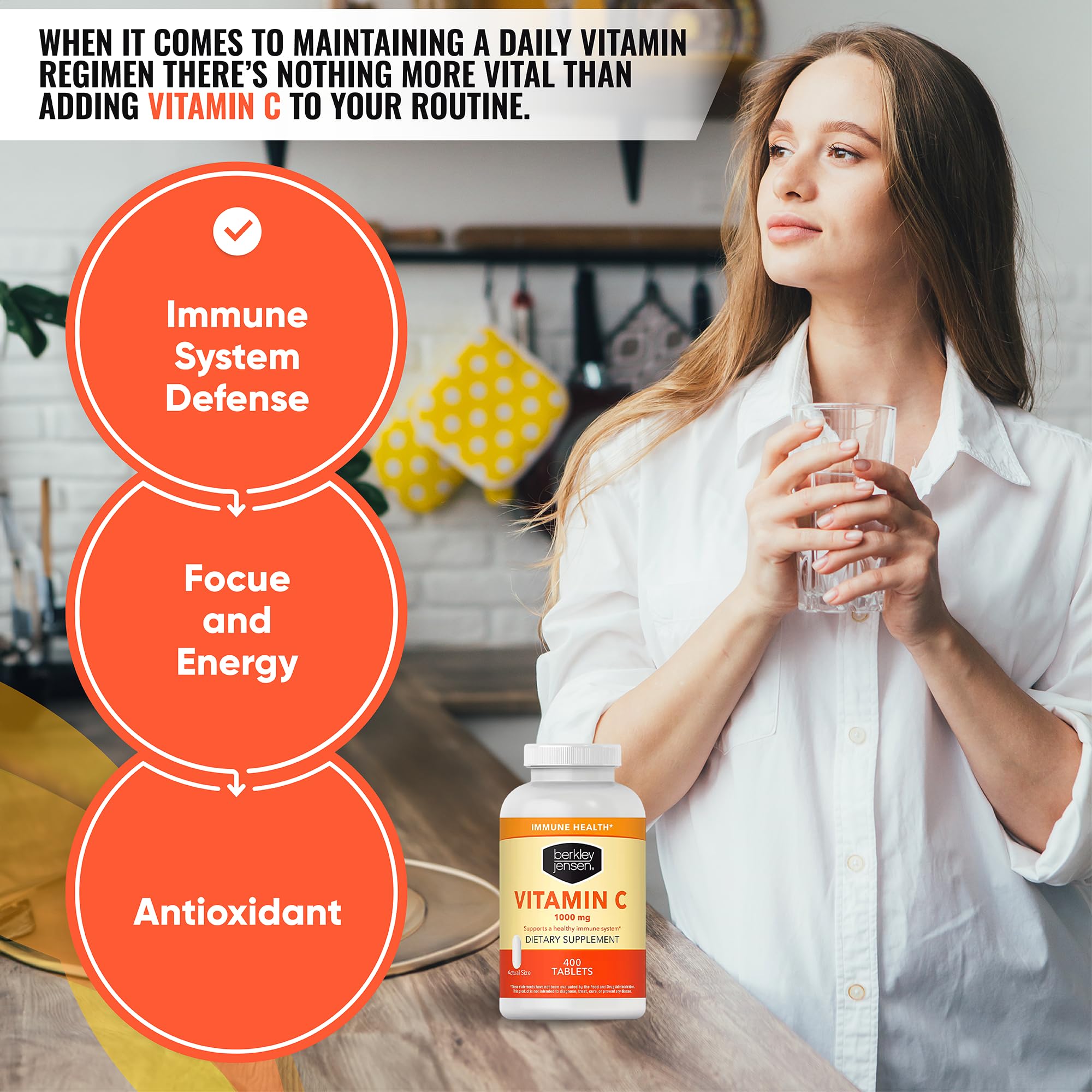 Berkley Jensen Vitamin C tablets close-up emphasizes easy-to-swallow, bioavailable form