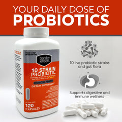 Berkley Jensen bottle label highlights 10 probiotic strains for gut balance