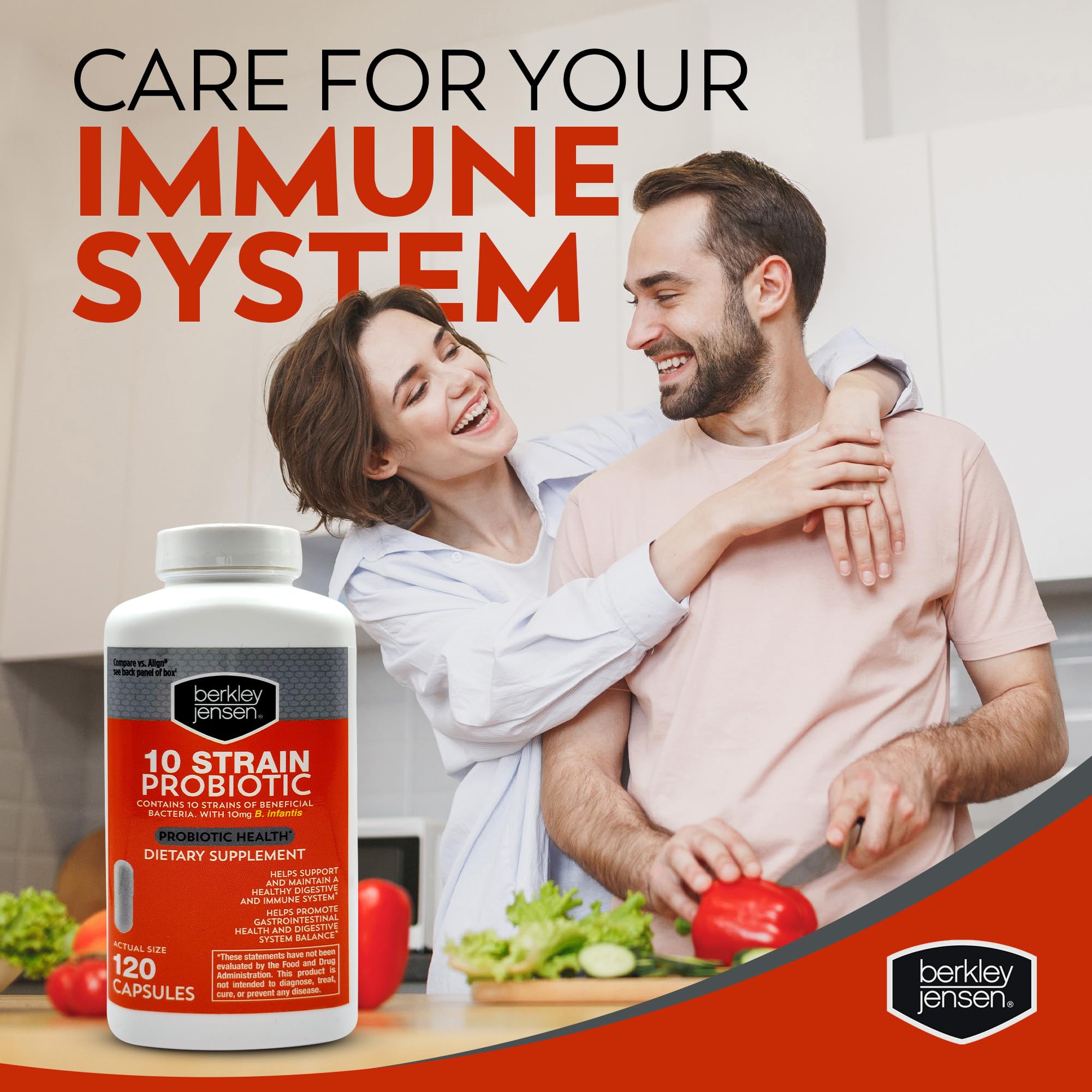 Digestive health scene with Berkley Jensen probiotics and a glass of water