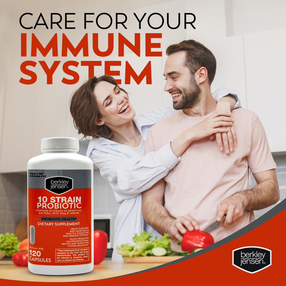 Digestive health scene with Berkley Jensen probiotics and a glass of water