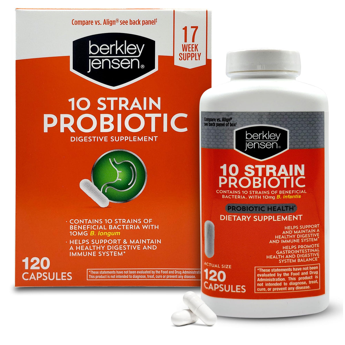 Berkley Jensen probiotic bottle with capsules for daily digestive support