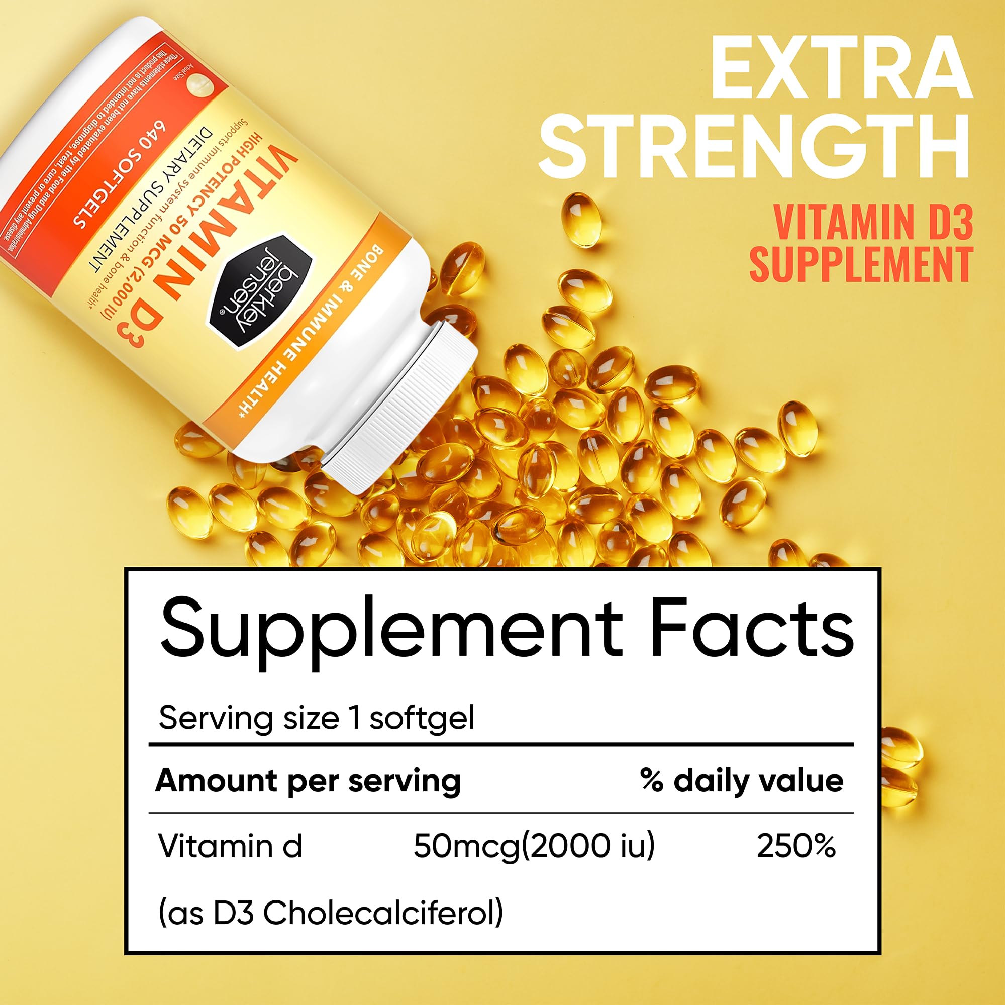 Berkley Jensen Vitamin D3 softgels, 640-day supply for long-term use.