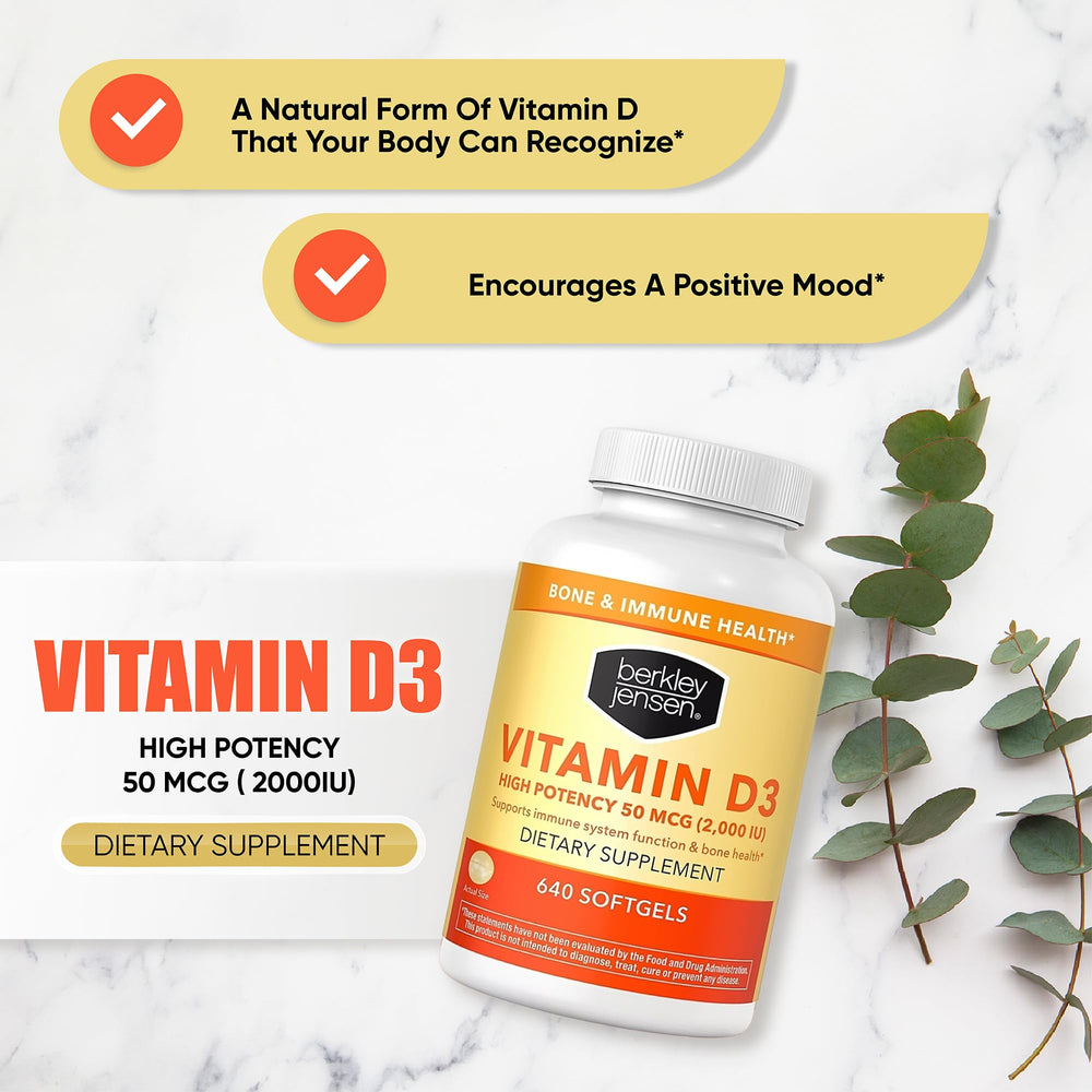 Berkley Jensen Vitamin D3 softgels supporting calcium binding for stronger bones.