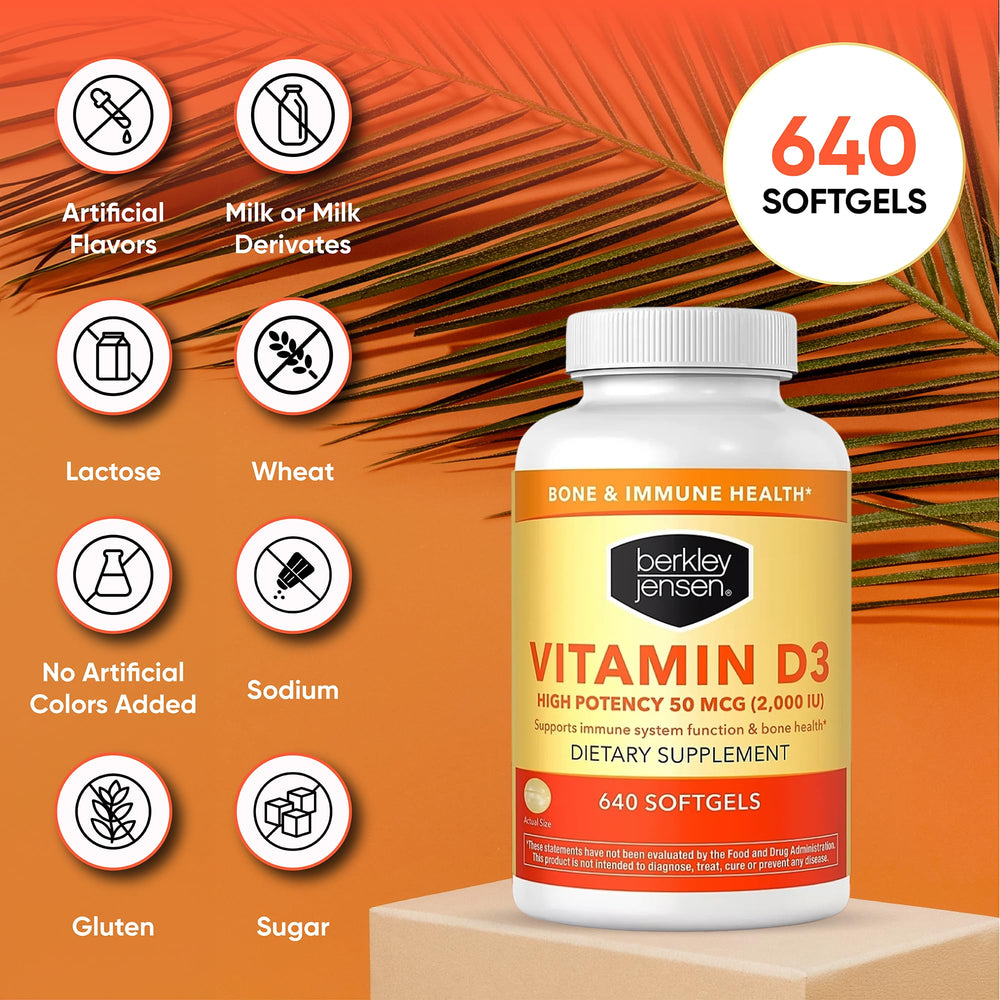 Berkley Jensen Vitamin D3 softgels, easy-to-swallow daily wellness capsules.