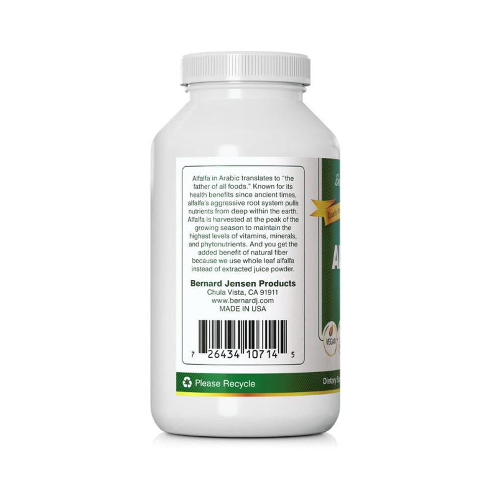 Green-hued Bernard Jensen's Alfalfa Leaf Tablets indicating chlorophyll-rich content.