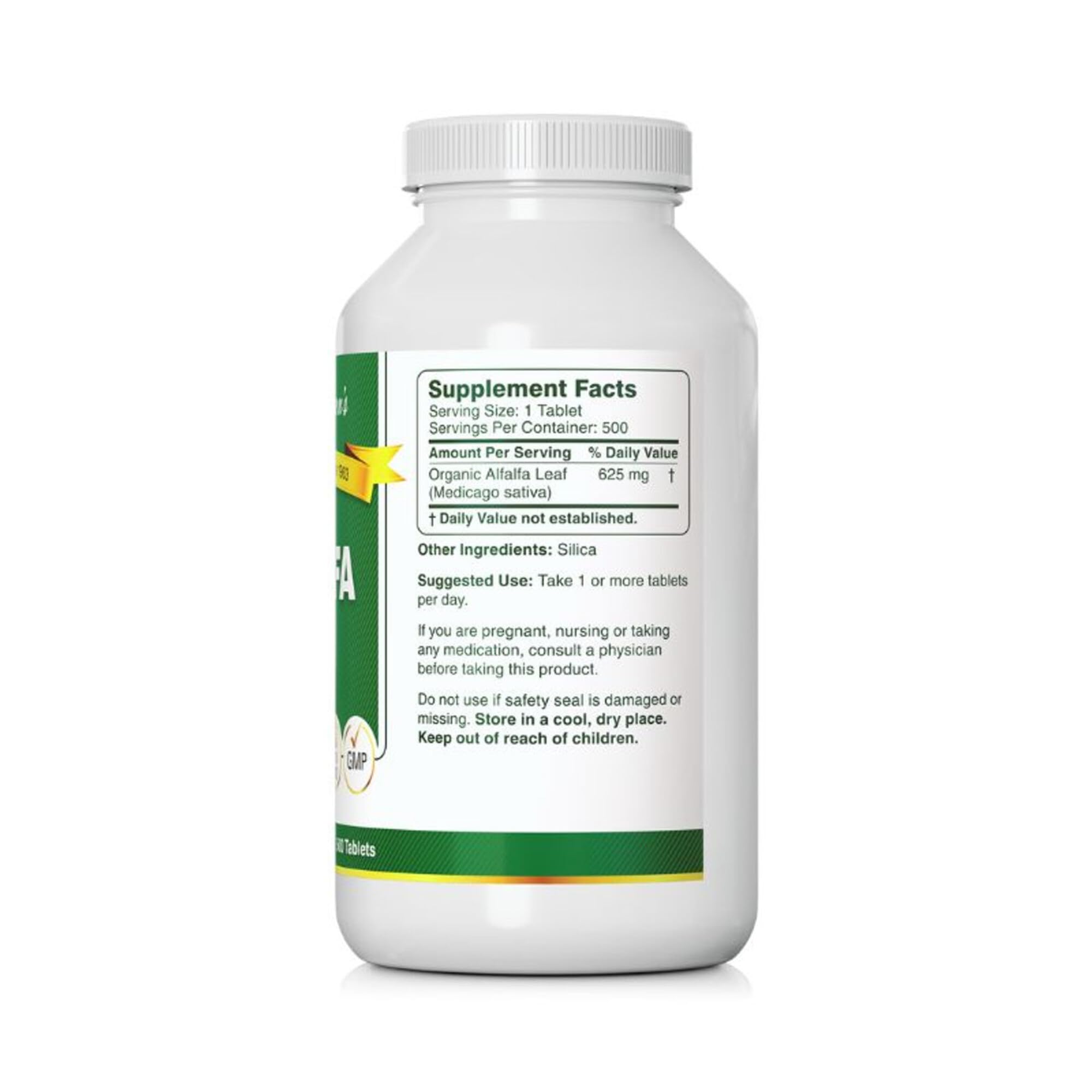 Label on Bernard Jensen's Alfalfa Leaf Tablets bottle highlighting ingredients.