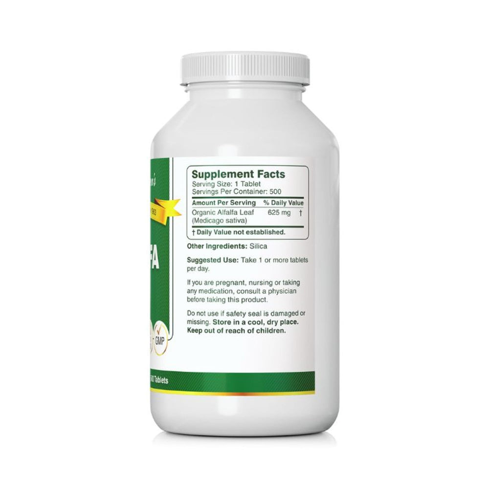 Label on Bernard Jensen's Alfalfa Leaf Tablets bottle highlighting ingredients.