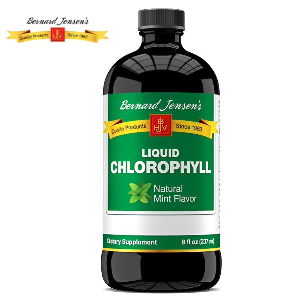 Glass of Bernard Jensen's chlorophyll liquid mint ready to mix for a refreshing drink.