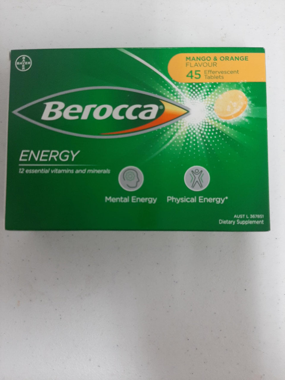 Berocca Energy label close-up highlighting ingredients and daily use guidance.