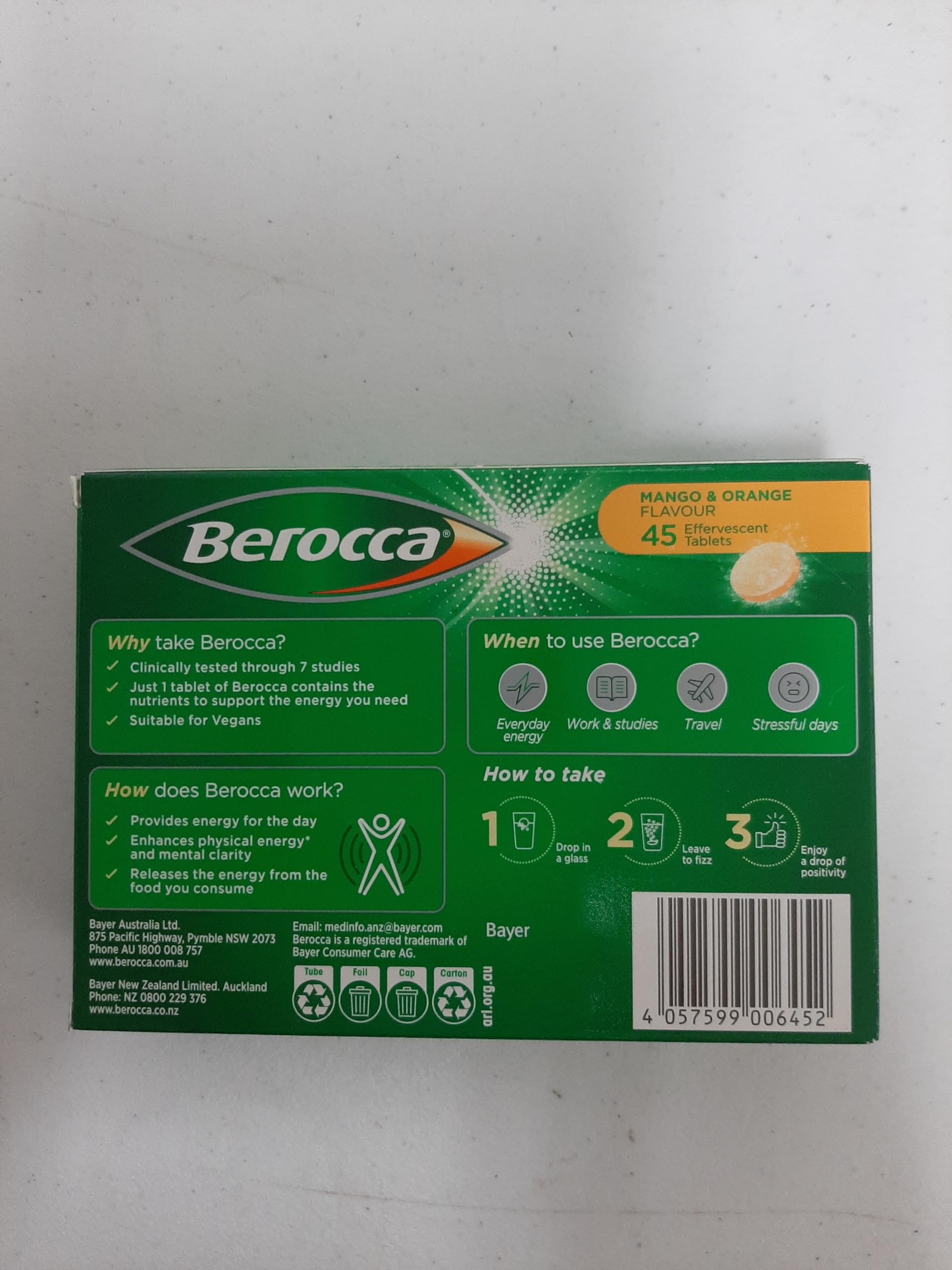 Berocca Energy mango-orange flavour splash in a glass for a bright routine.
