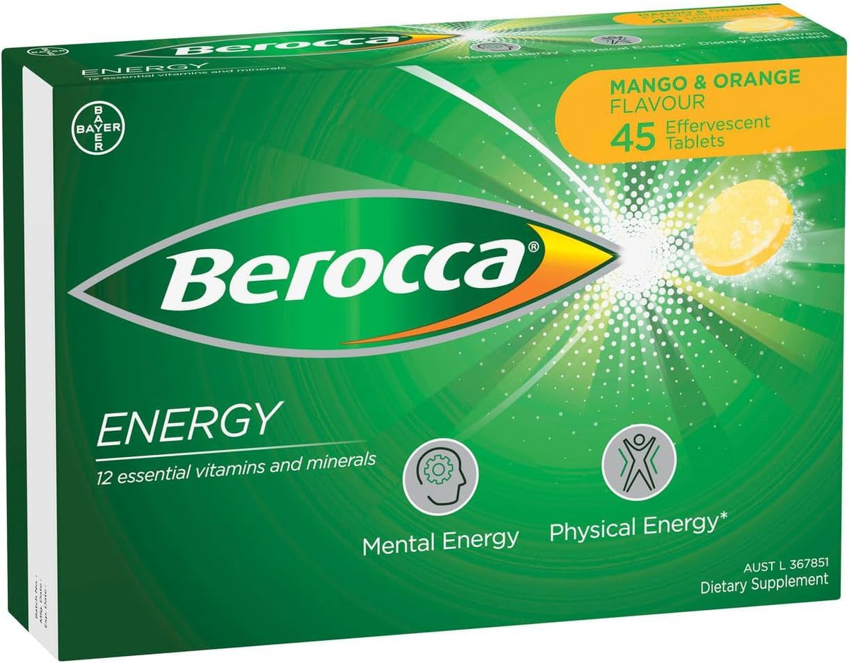 Berocca Energy tablets dissolving in water for a refreshing daily energy lift.