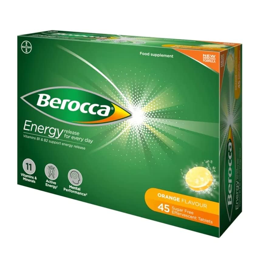 Berocca Orange effervescent tablets on a table with a glass, suggesting quick daily use