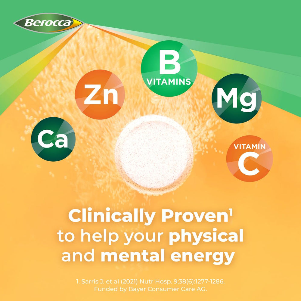 Berocca orange flavour bottle beside a glass, ready for a study session