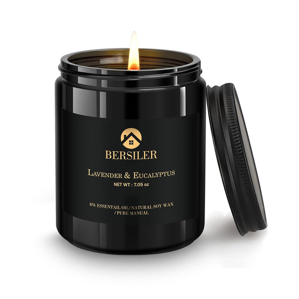 Bersiler Lavender Eucalyptus Candle burning to create calming home ambiance.