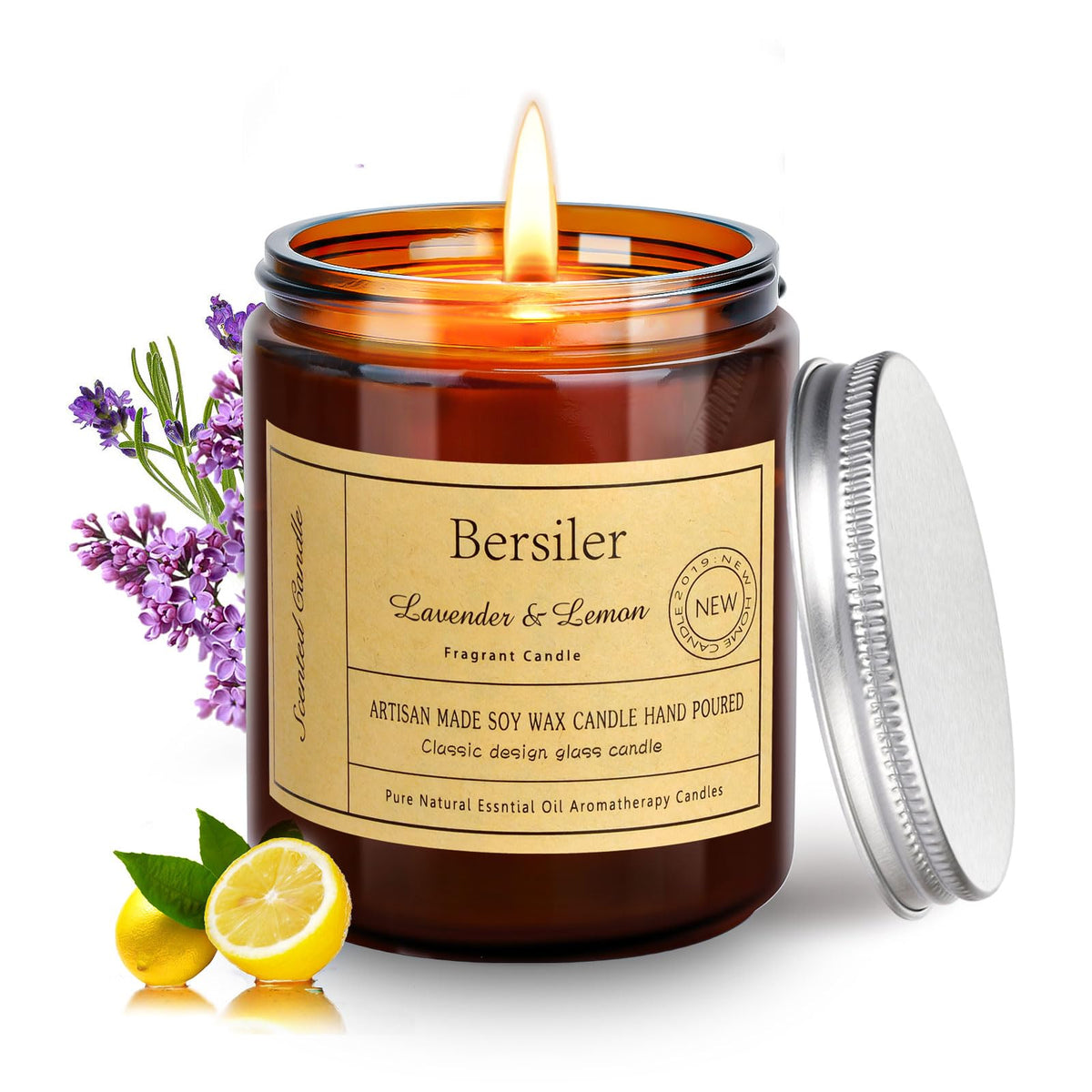 Bersiler Lavender Lemon candle in a jar for a refreshing, calming home ambiance.