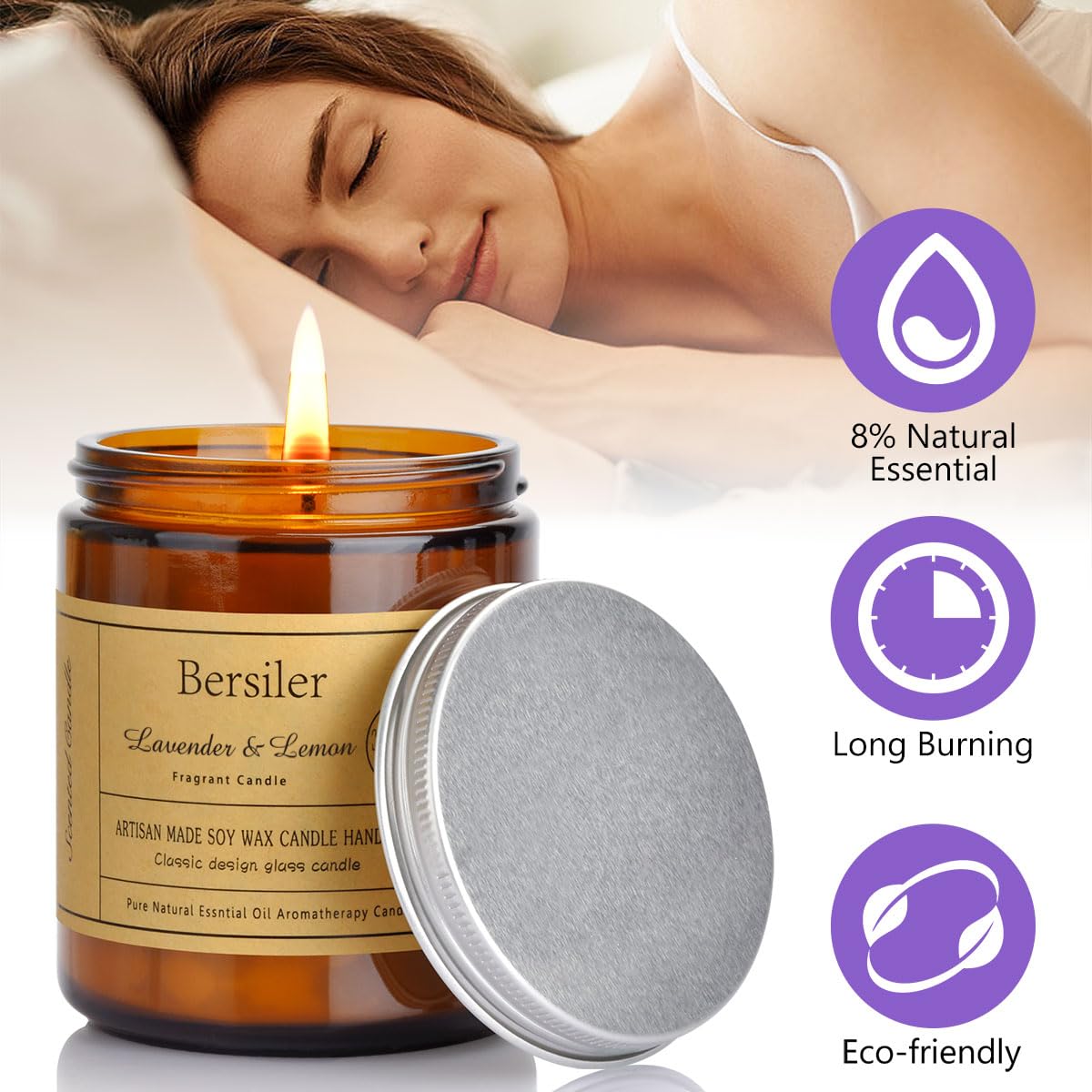 Bersiler lavender-lemon candle lid preserves scent between uses.