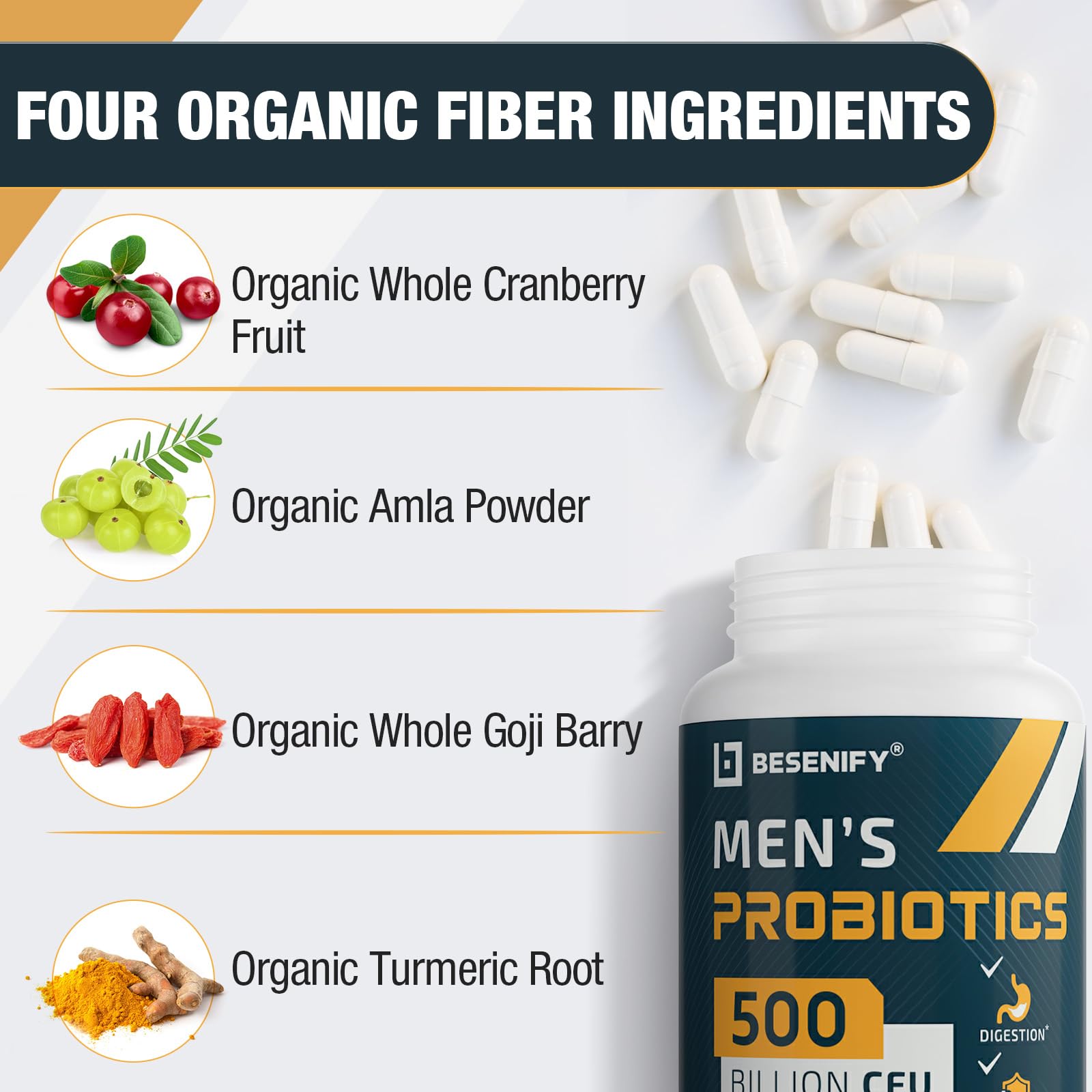 Besenify Probiotics for Men 12-strain formula supports overall gut health.
