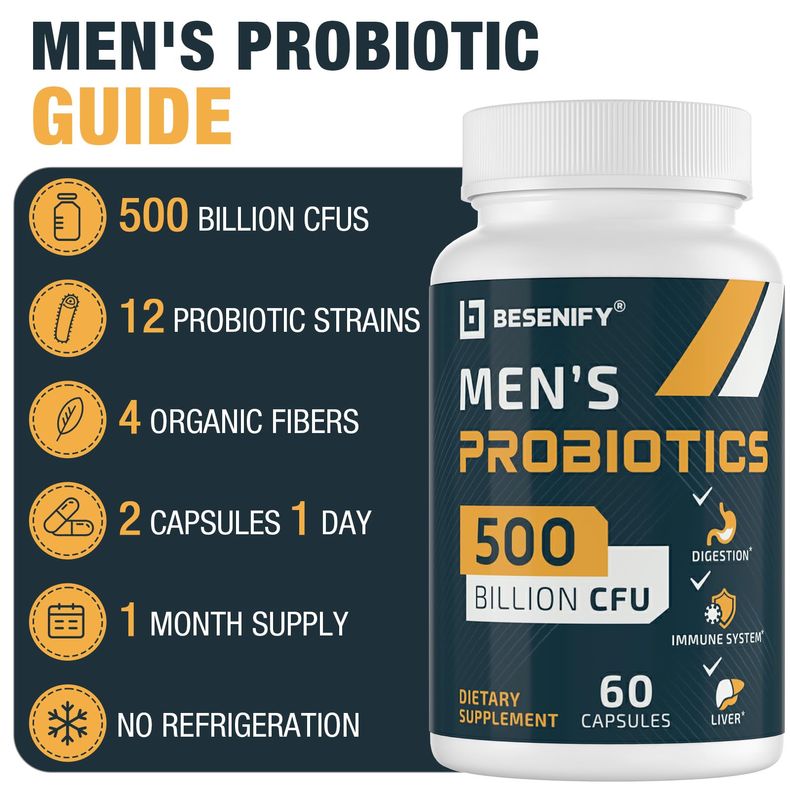Besenify Probiotics for Men delayed-release capsules designed to reach the gut.
