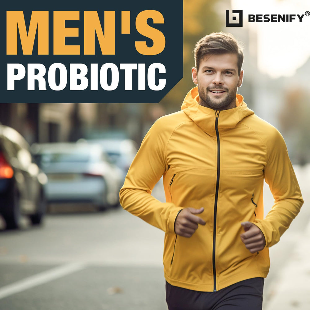 Besenify Probiotics for Men digestive health scene with capsules