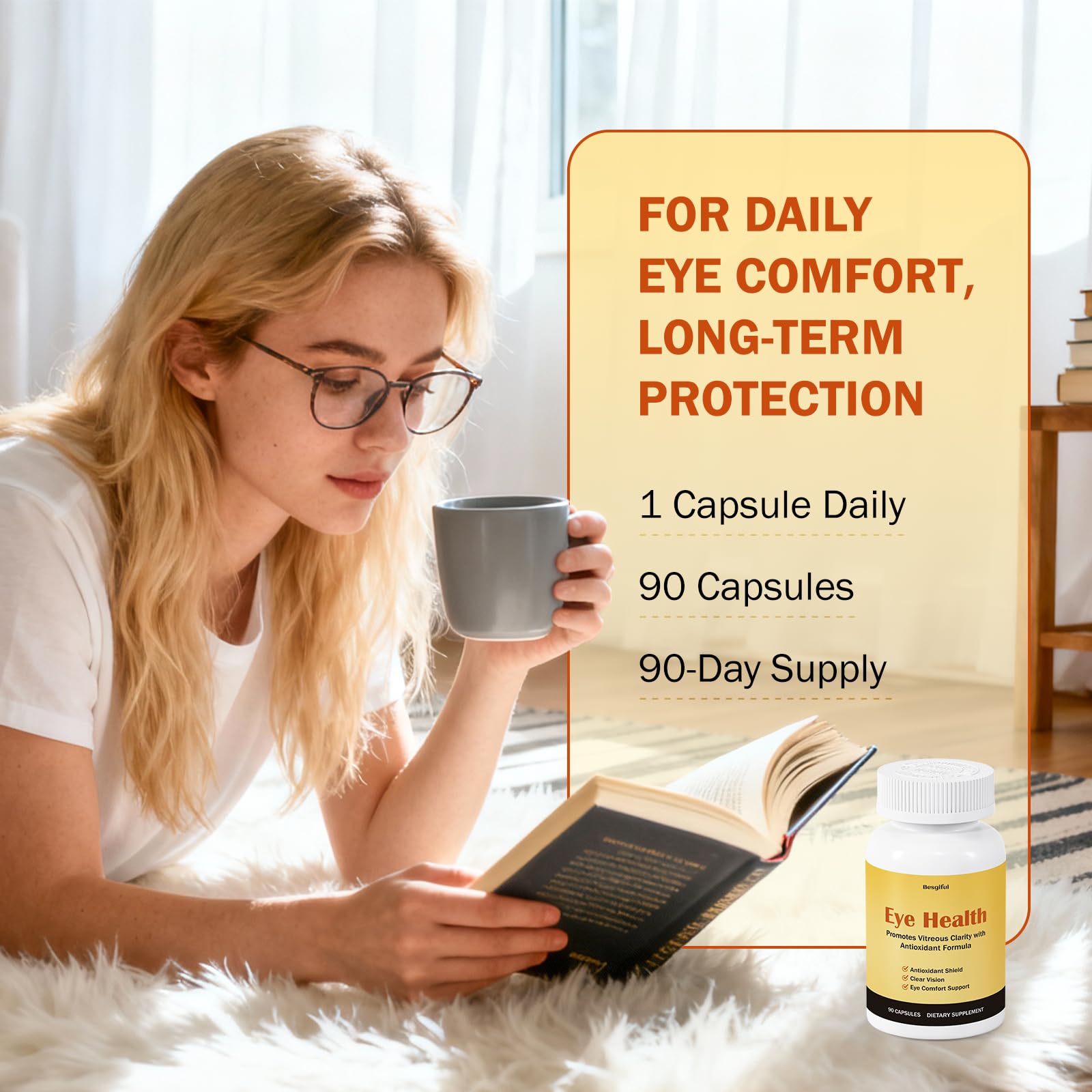 Besgiful bottle close-up highlights 90 vegan capsules for convenient daily use.
