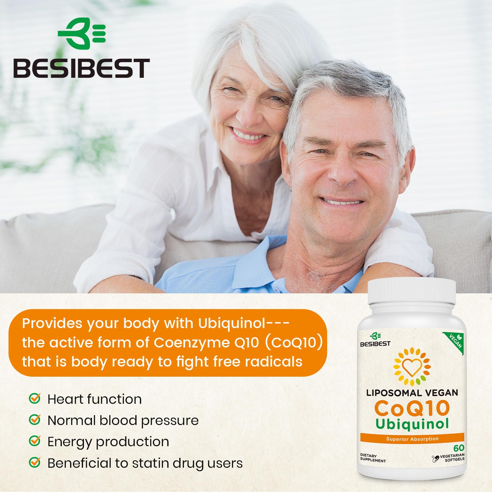 Besibest CoQ10 label close-up with clear dosage information.