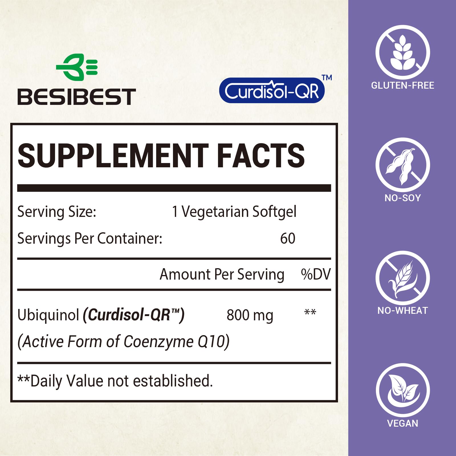 Besibest CoQ10 800mg softgel capsules closeup showing premium formulation.