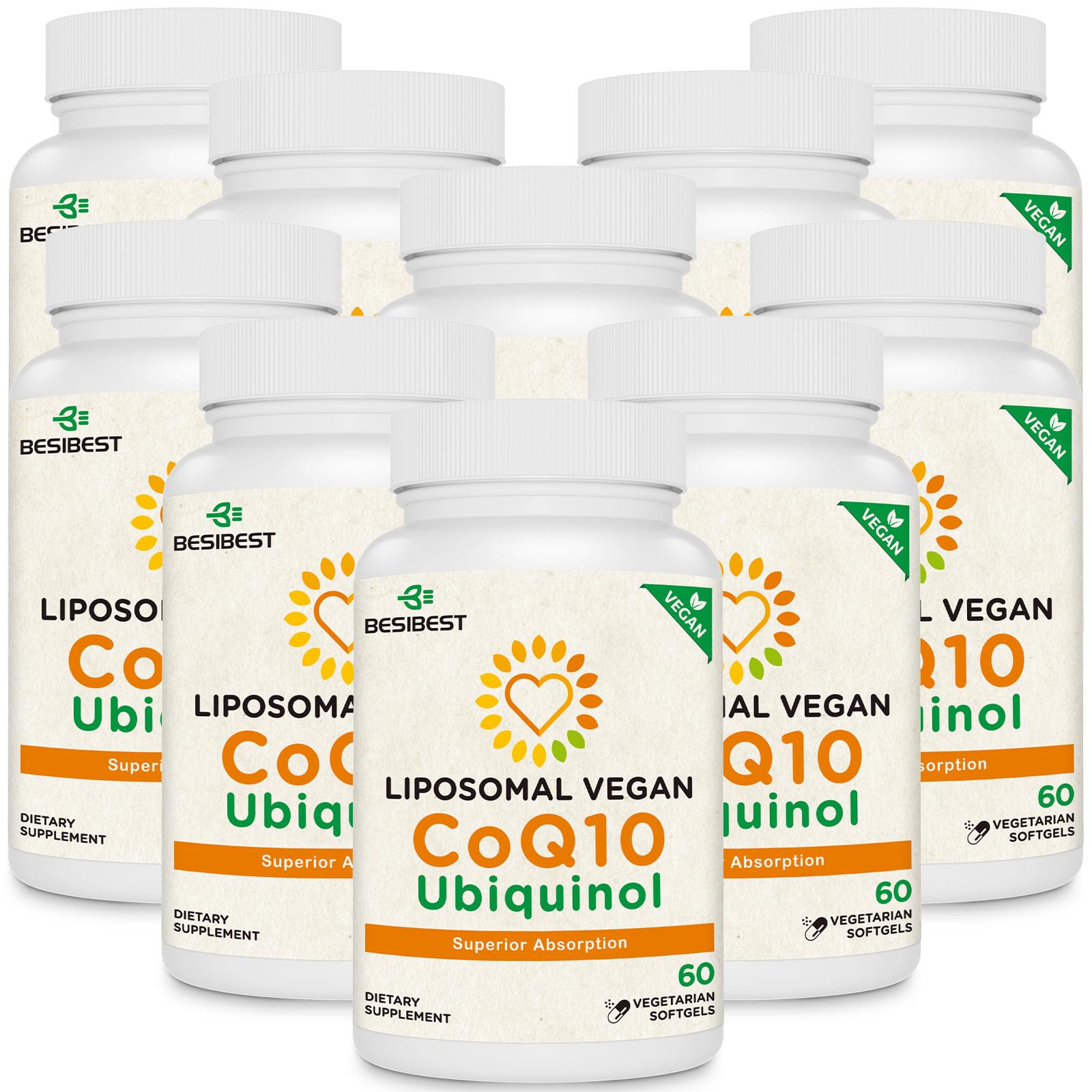 Besibest liposomal CoQ10 1000mg bottle highlighting high absorption for daily energy support.