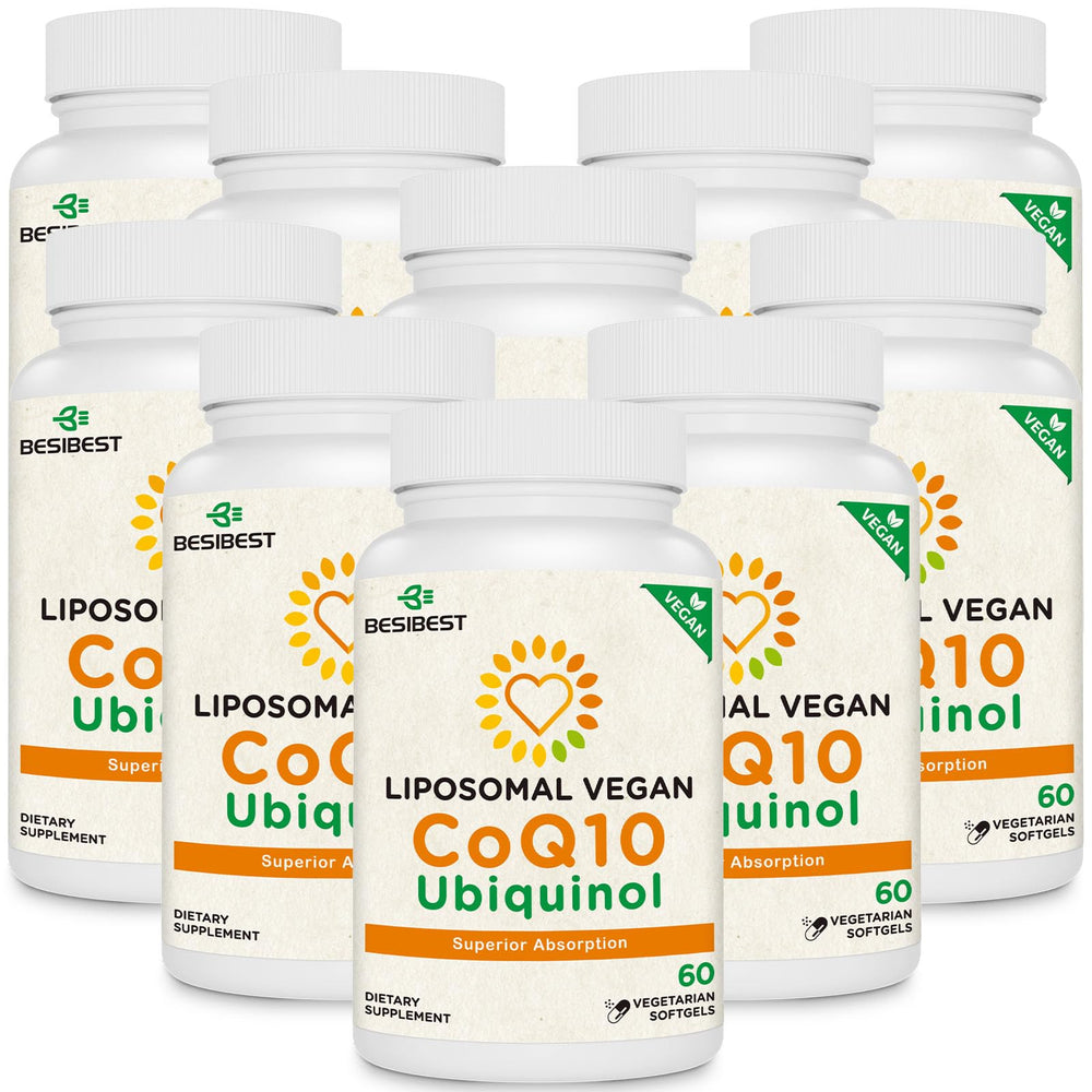 Besibest liposomal CoQ10 1000mg bottle highlighting high absorption for daily energy support.