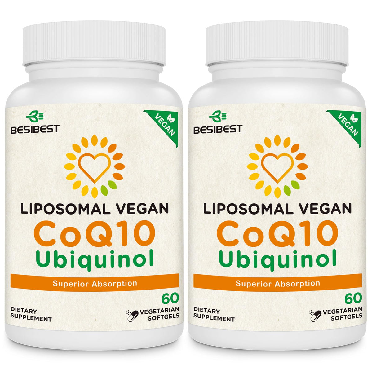 Besibest liposomal CoQ10 1000mg softgels bottle supports cellular energy with vegan ingredients.