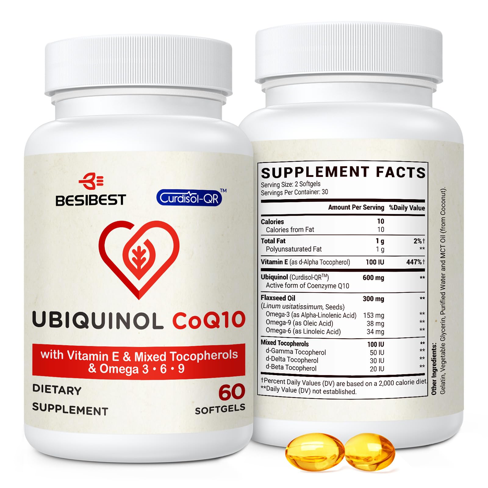 Besibest ubiquinol CoQ10 600mg softgel bottle for daily energy support
