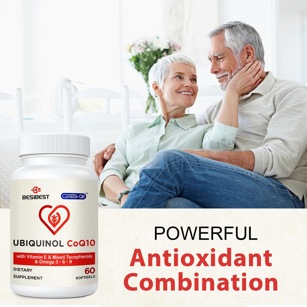 Besibest Ubiquinol CoQ10 omega-3 blend on bottle label