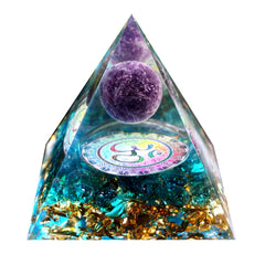 Besorgone orgonite pyramid with amethyst sphere on desk enhances calm focus