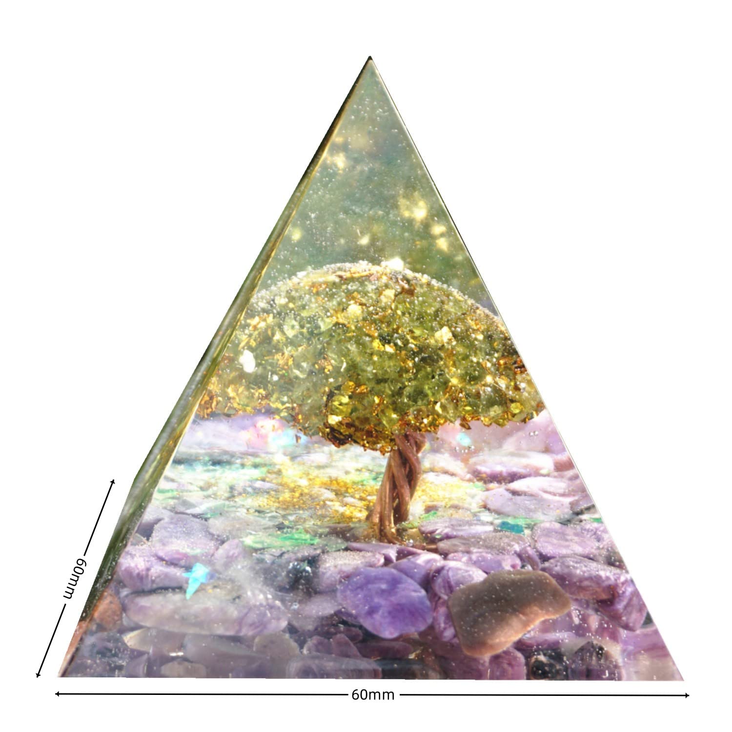 Besorgone orgonite pyramid close-up showing natural charoite stones for texture and color.