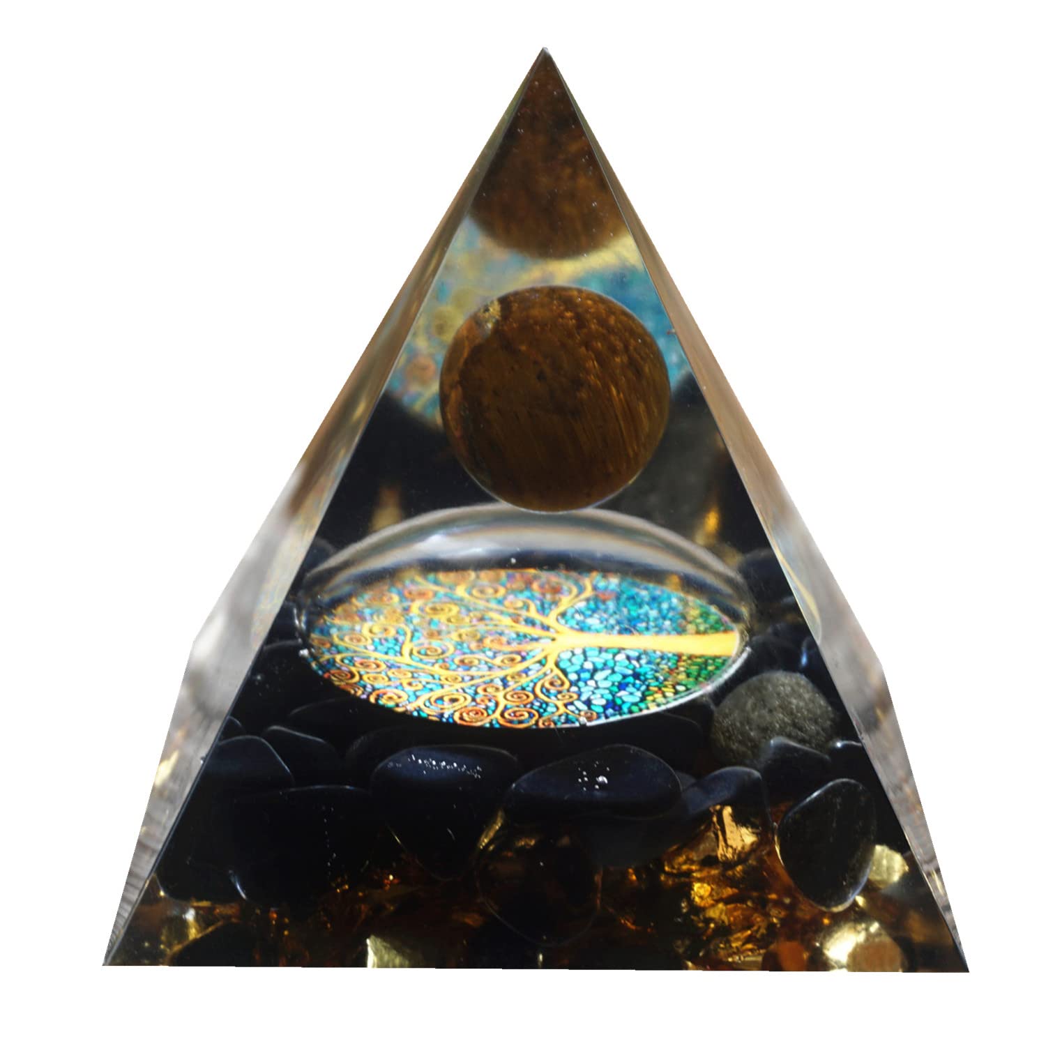 Besorgone orgonite pyramid detailed crystal stones craftsmanship close-up.