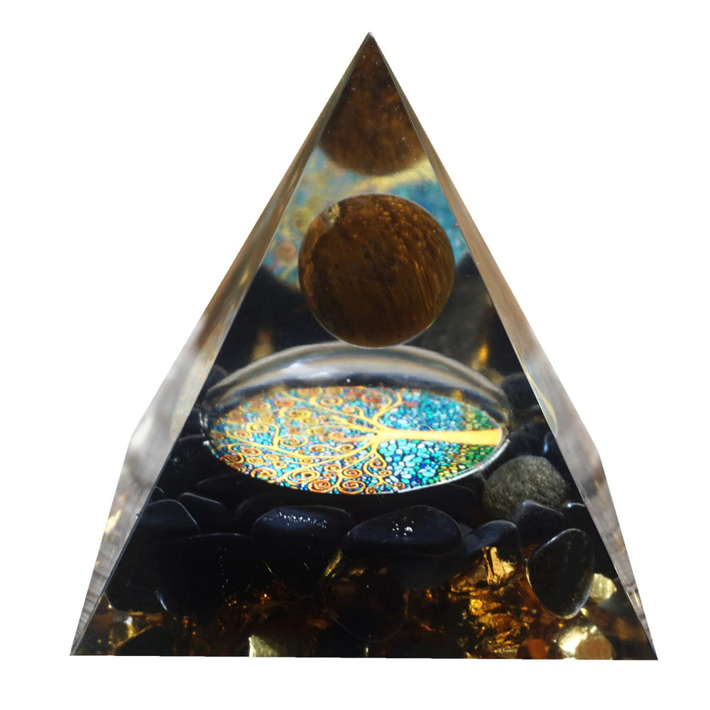 Besorgone orgonite pyramid detailed crystal stones craftsmanship close-up.