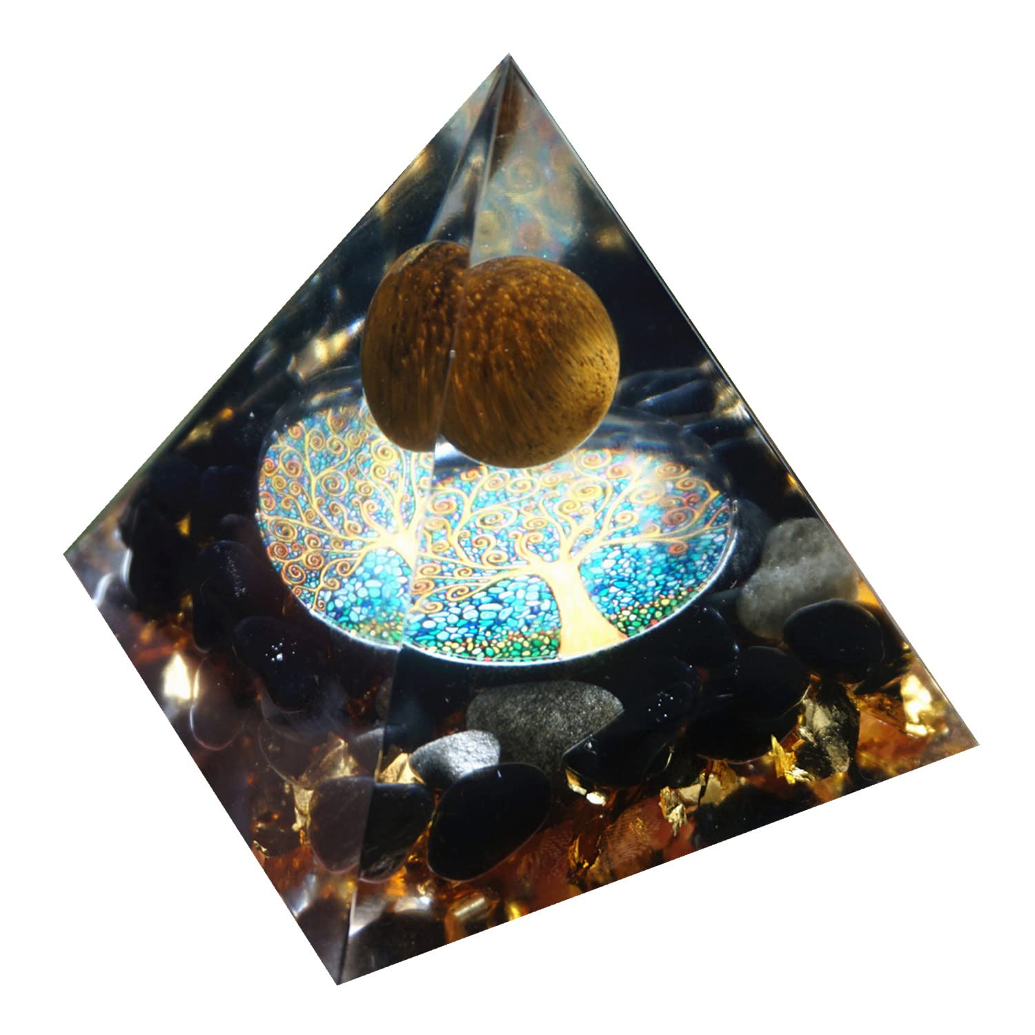 Besorgone orgonite pyramid on a desk, calming workspace decoration.