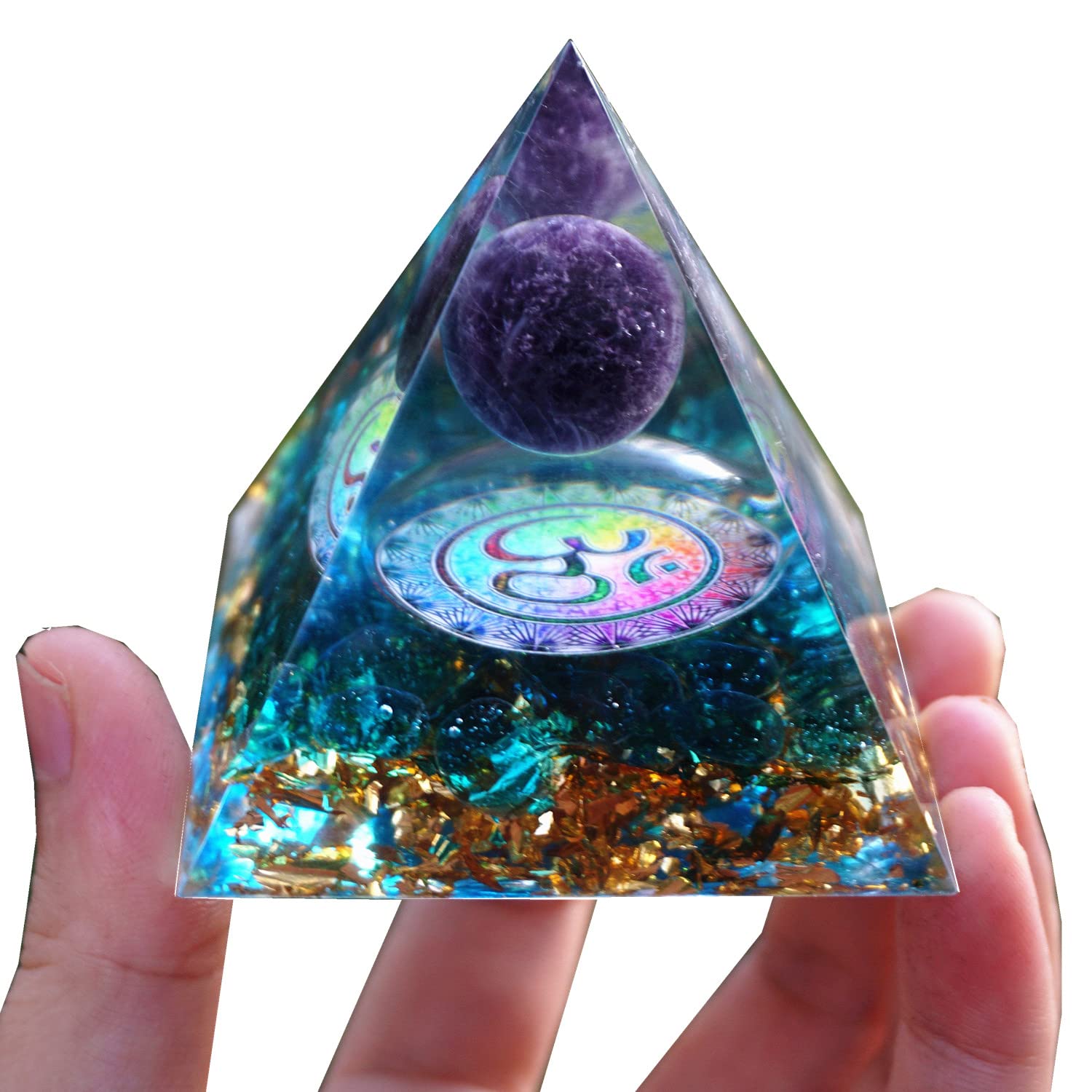 Besorgone orgonite pyramid on a work desk for ambient energy balance