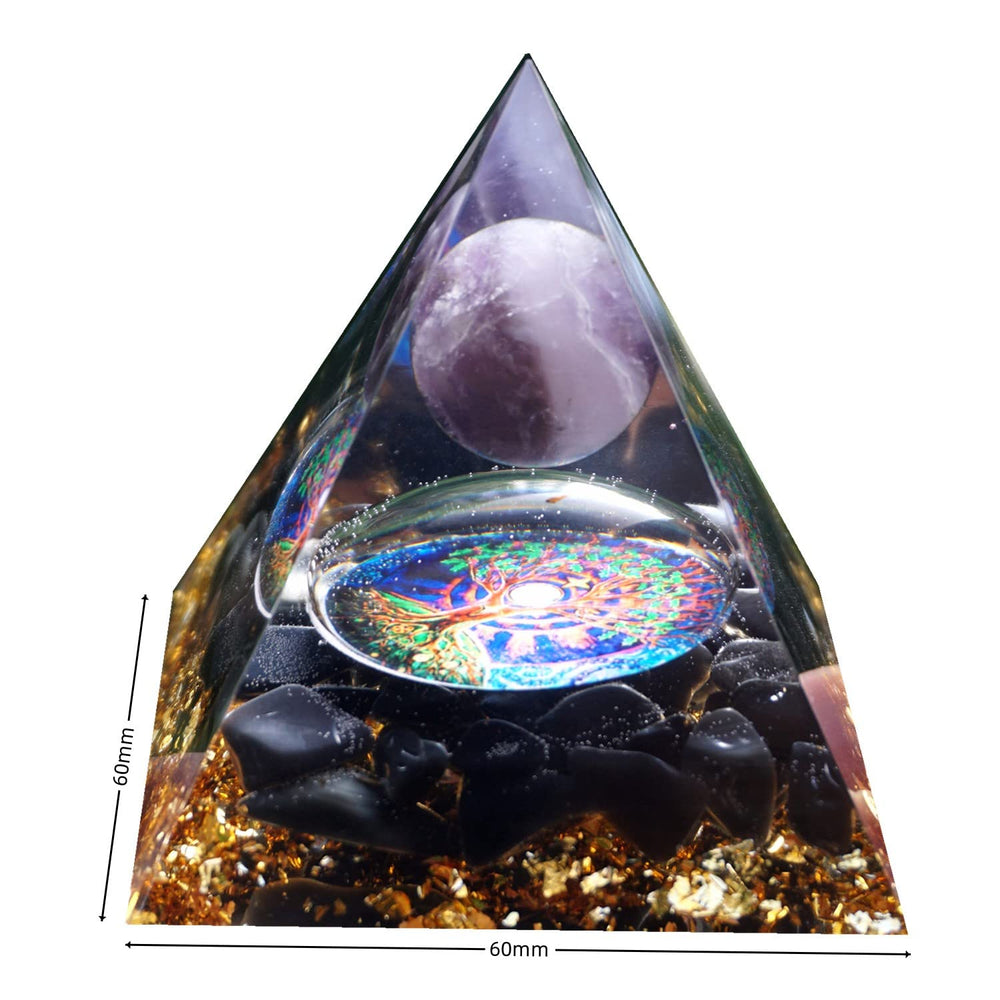 Besorgone orgonite pyramid obsidian close-up highlighting grounding energy.