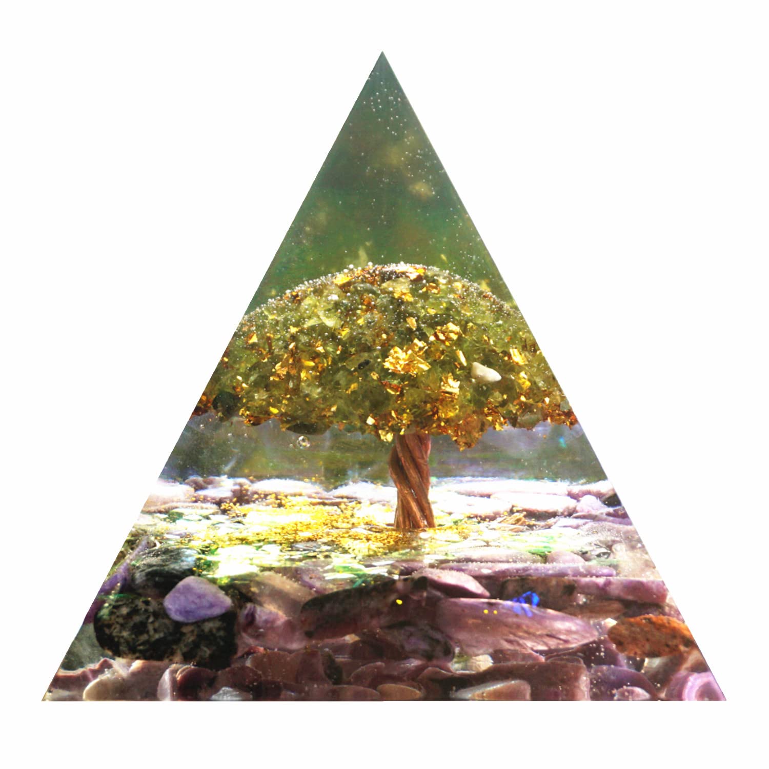 Besorgone Tree of Life Orgonite Pyramid with charoite and peridot for chakra balance.