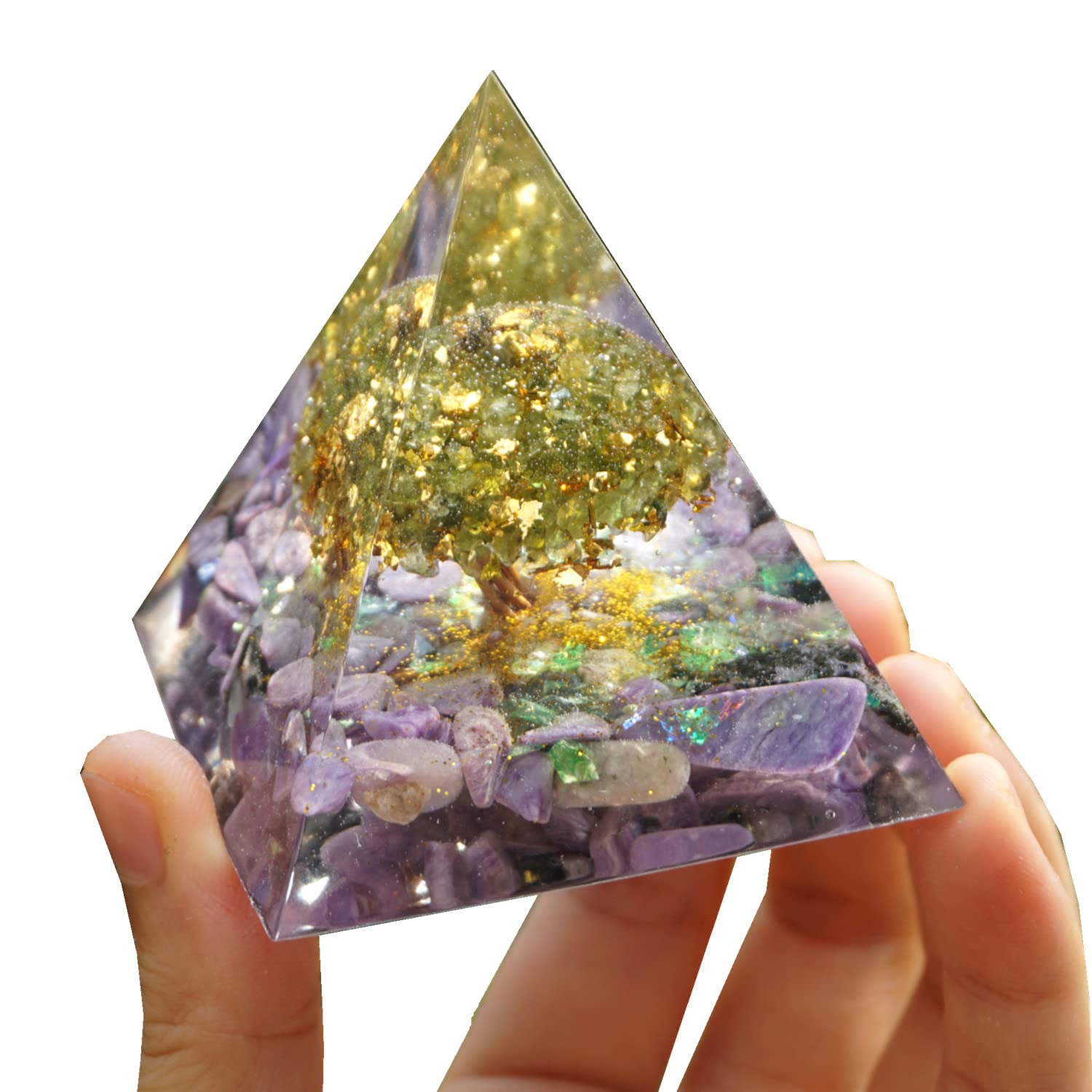 Besorgone tree of life orgonite pyramid displayed on a desk for calm ambiance.
