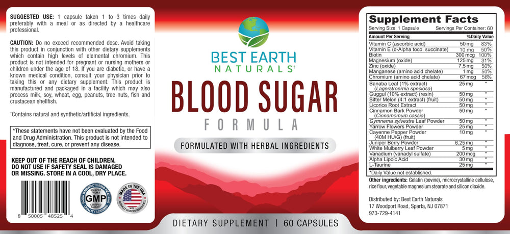 Best Earth Naturals Blood Sugar Formula capsules reveal Gymnema, Banaba, and Guggul ingredients