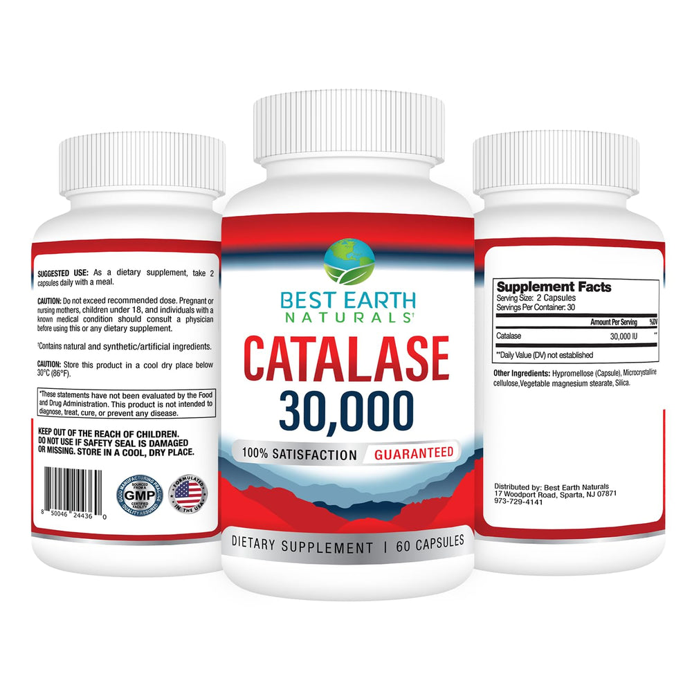 Best Earth Naturals Catalase 30,000 bottle side shows premium packaging