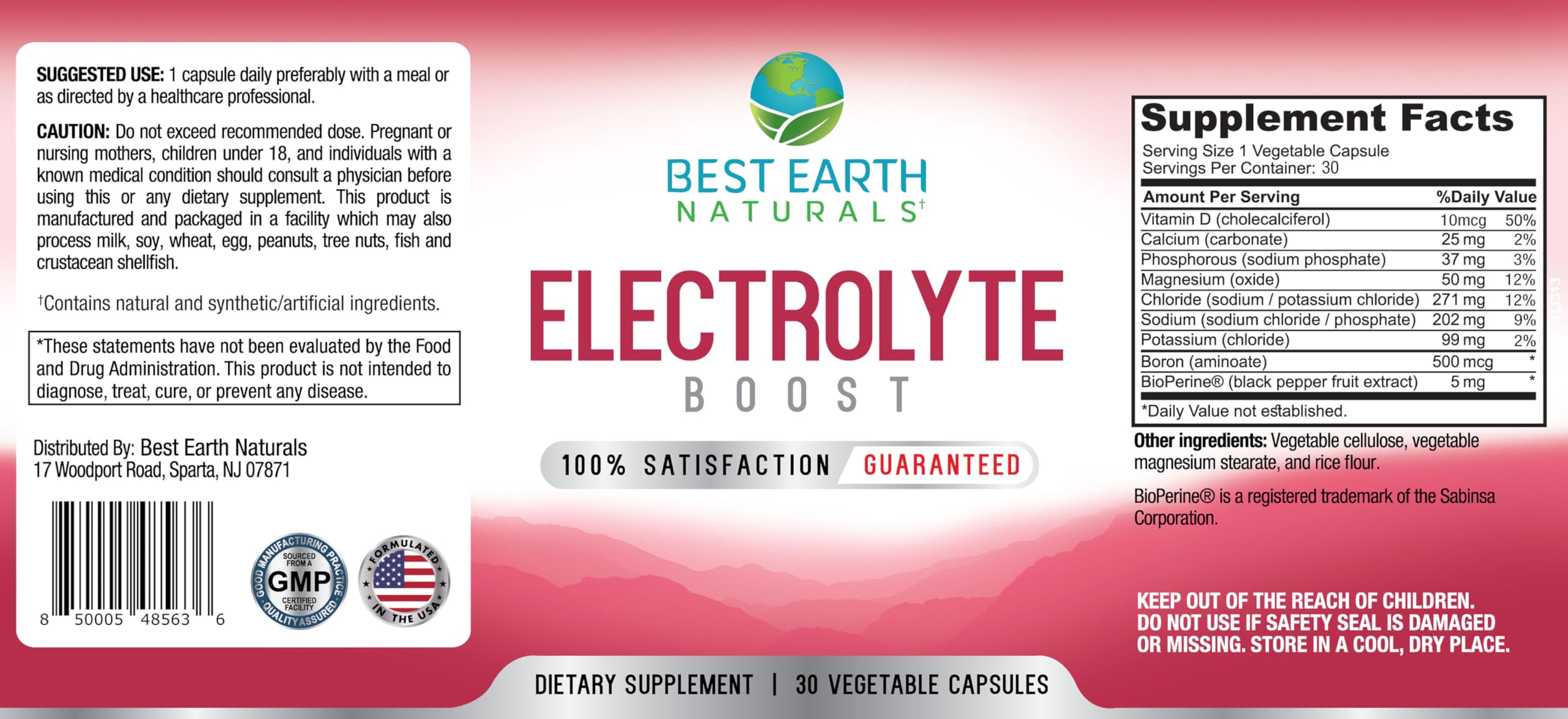 Best Earth Naturals Electrolyte Support label front highlights Vitamin D and minerals