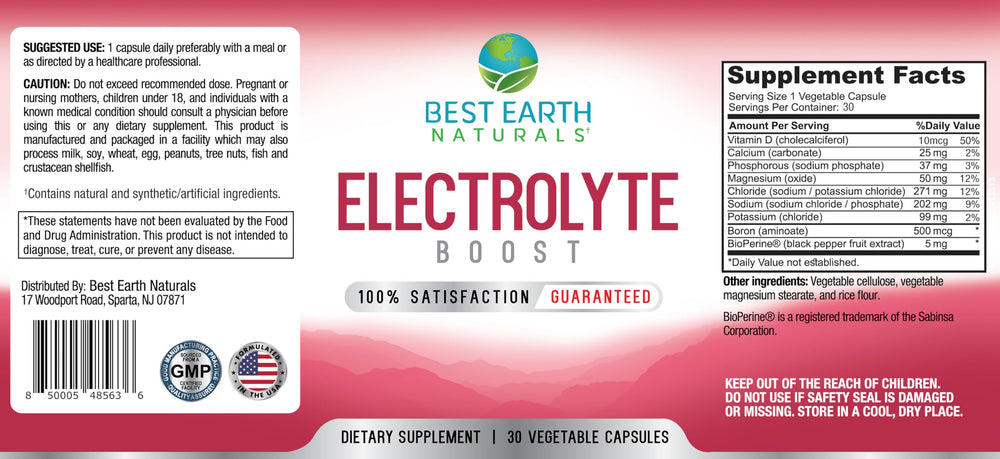 Best Earth Naturals Electrolyte Support label front highlights Vitamin D and minerals